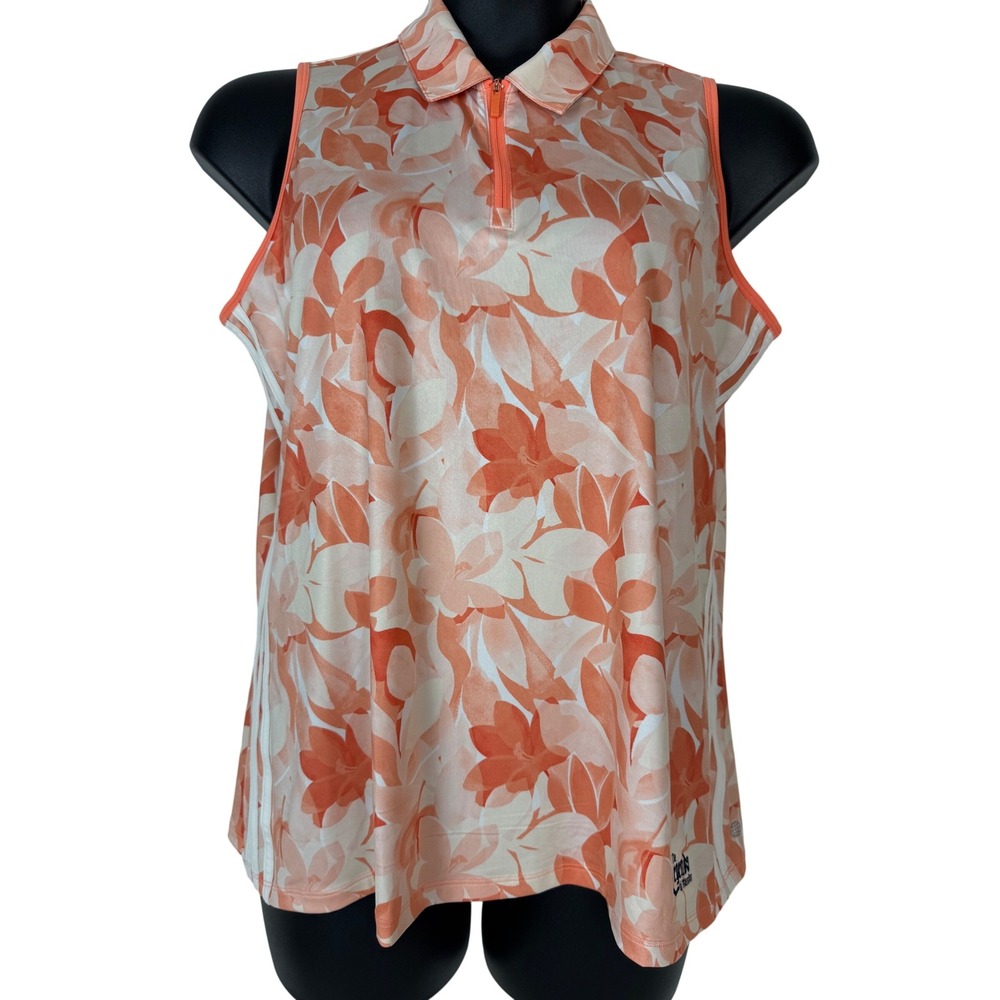 Adidas Sleeveless Golf Polo Shirt Tank Women XL Orange Floral Quarter Zip Sport